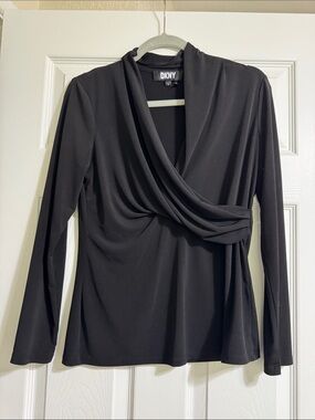 DKNY Black Draped Wrap-Front Long Sleeve Top